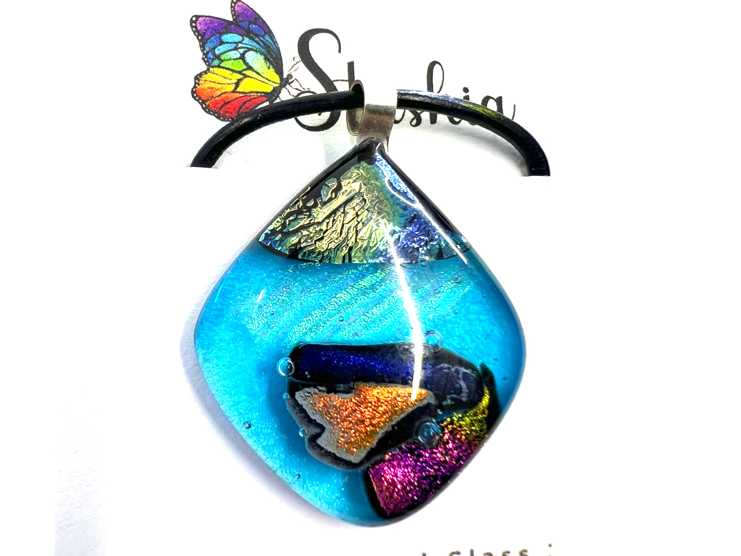 Medium Fused Dichroic Glass Pendant Teal Orange Pink Multicolor MP-105