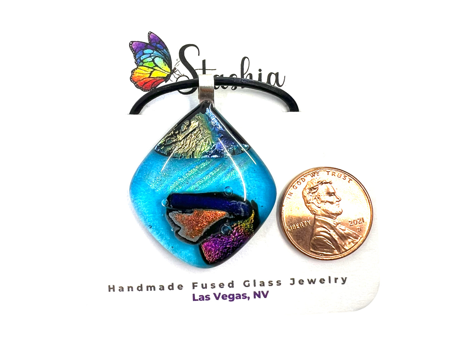 Medium Fused Dichroic Glass Pendant Teal Orange Pink Multicolor MP-105