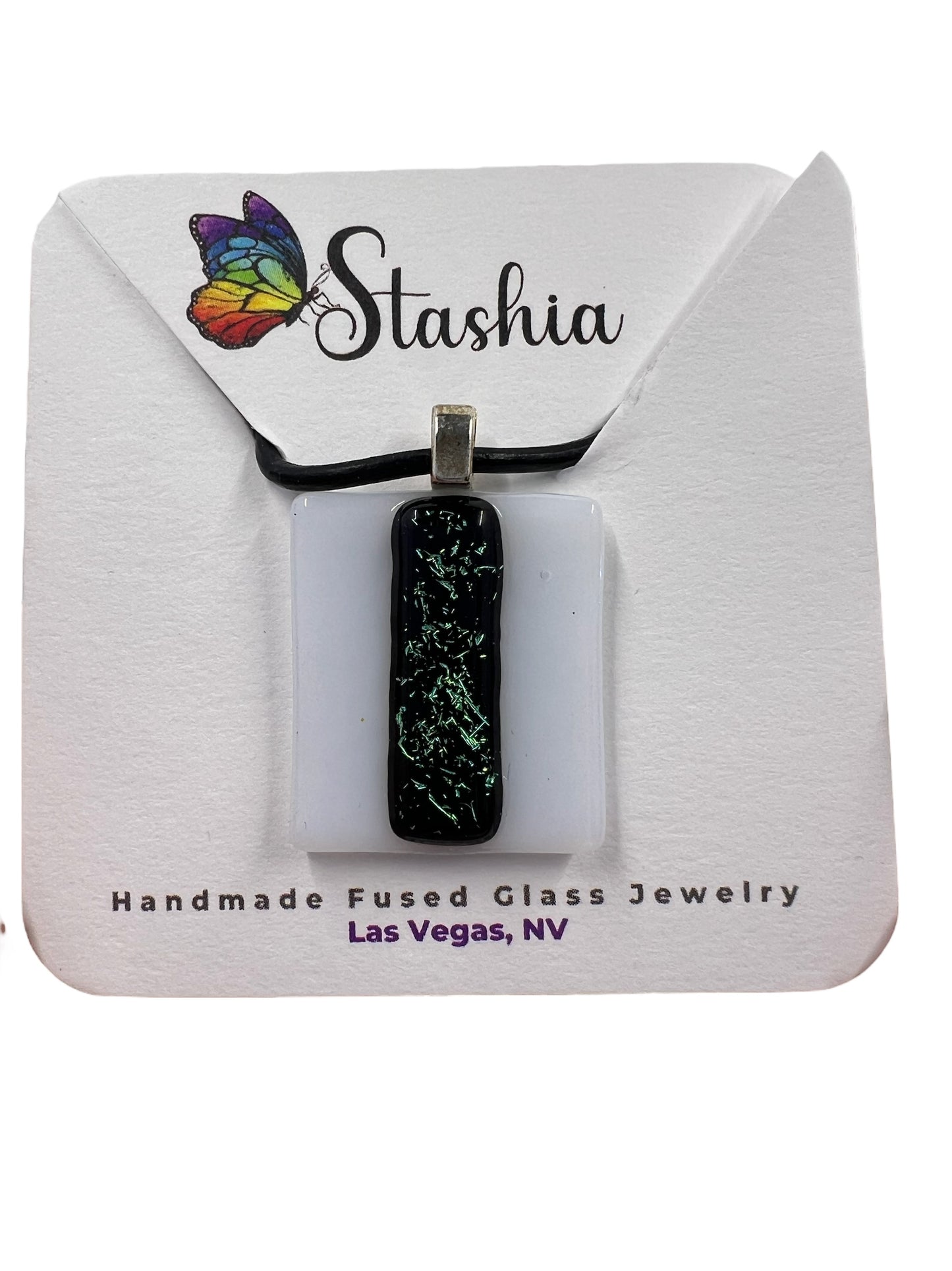 Medium Fused Glass Pendant Black and White Square with Green Dichroic Touch MP-107