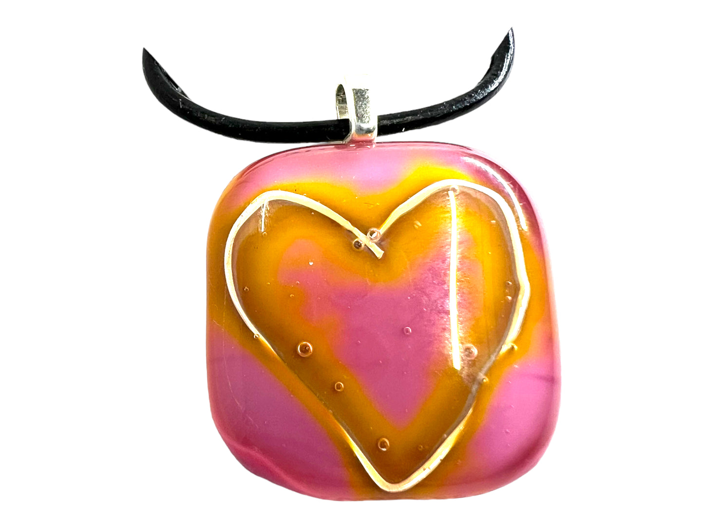 Medium Fused Glass Pendant Pink and Golden Heart MP-108