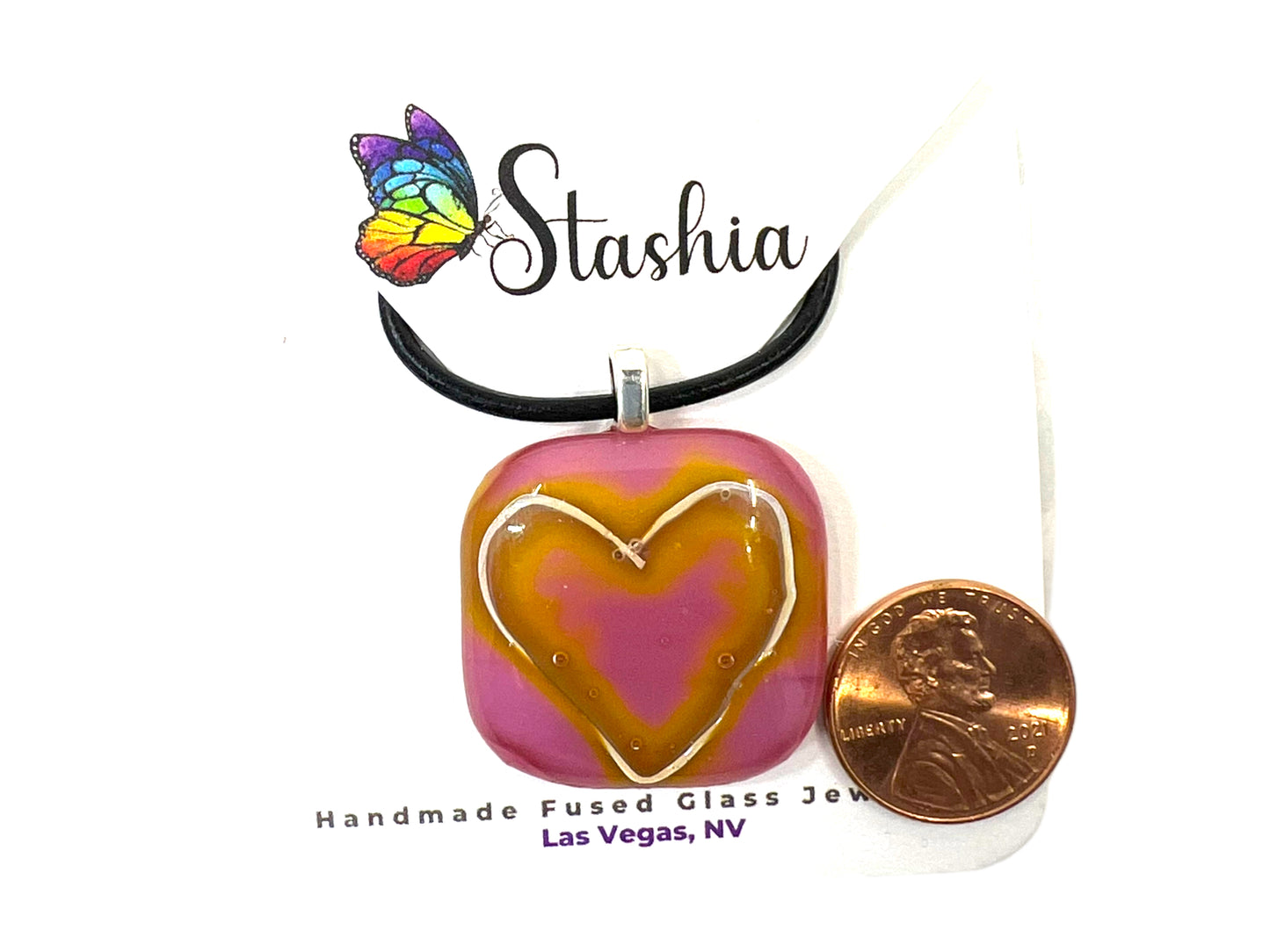 Medium Fused Glass Pendant Pink and Golden Heart MP-108