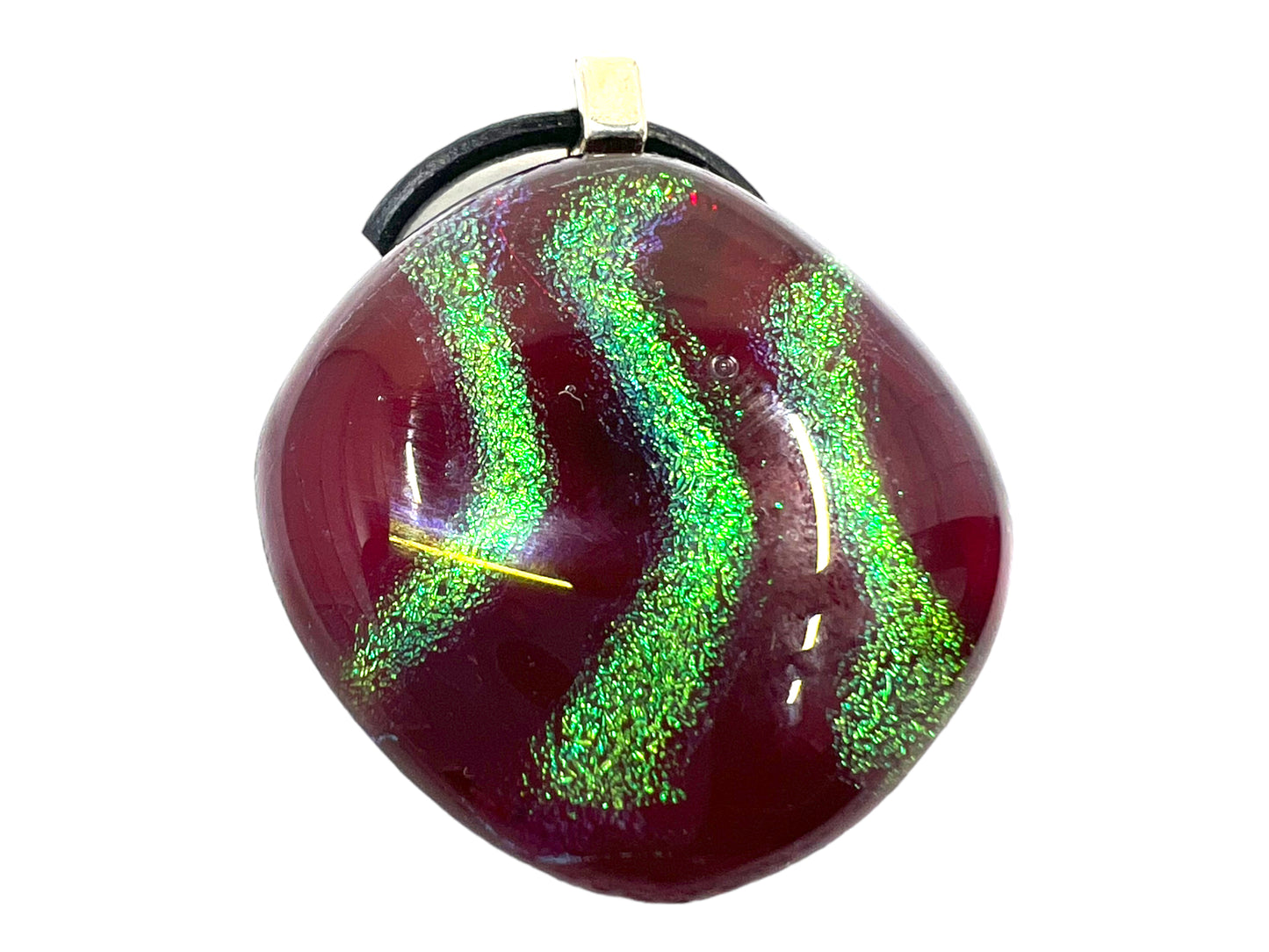 Medium Fused Glass Pendant Deep Red With Green Stripes MP-109