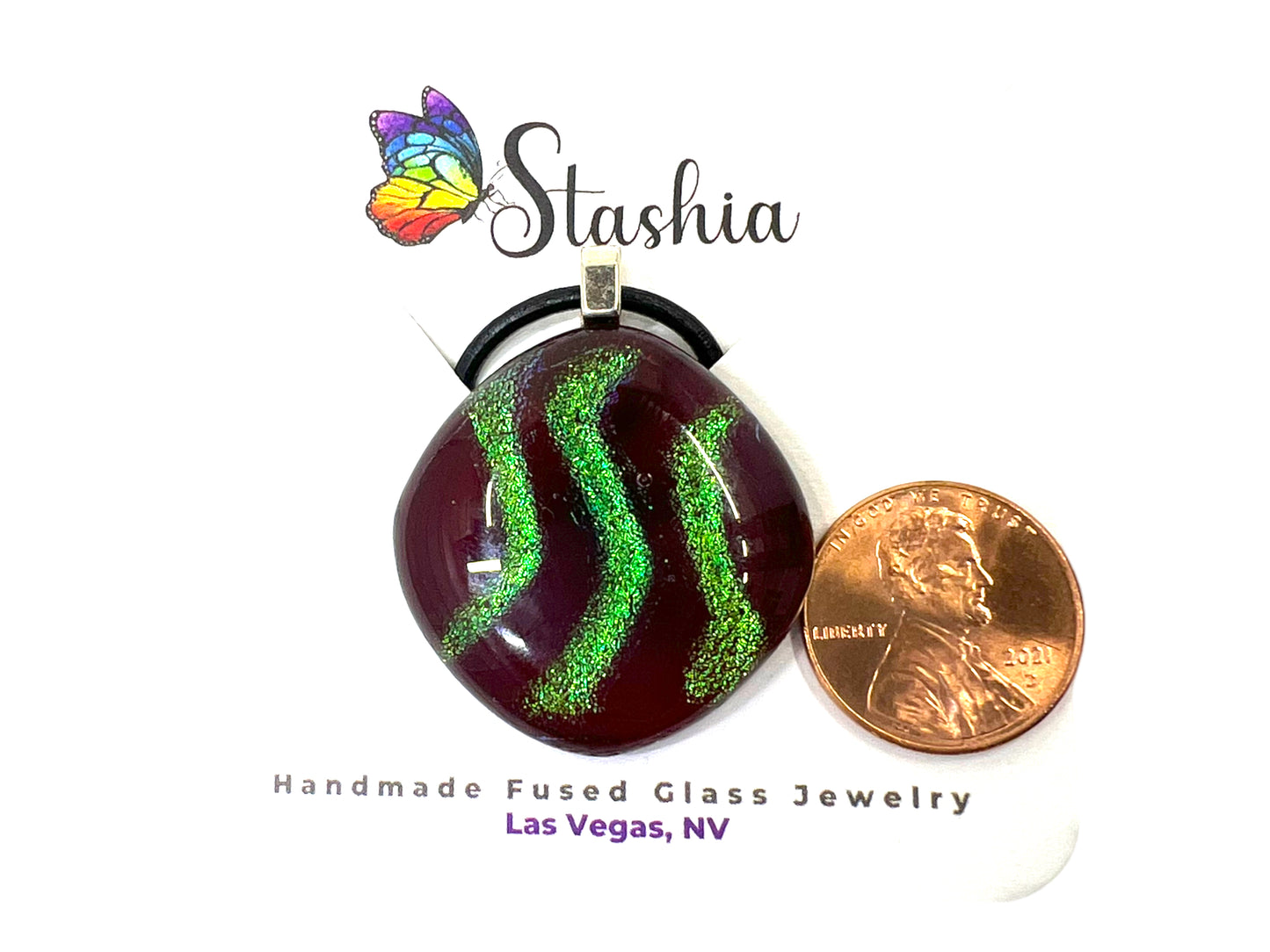 Medium Fused Glass Pendant Deep Red With Green Stripes MP-109