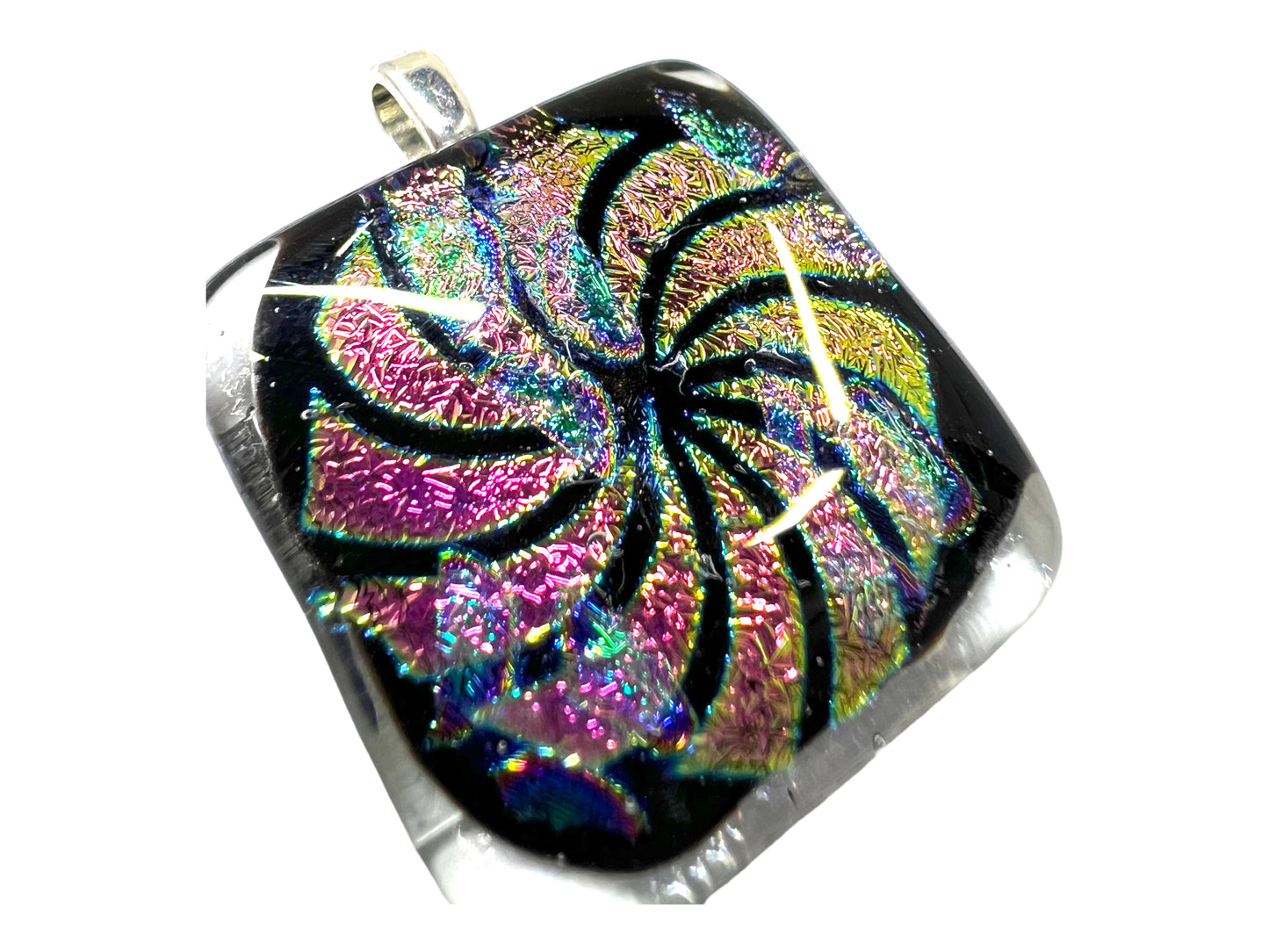 Medium Fused Dichroic Glass Pendant Pink Green Pinwheel MP-113