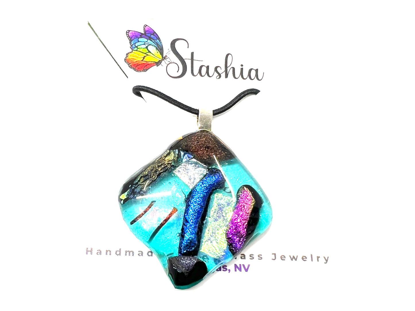 Medium Fused Dichroic Glass Pendant Teal Aqua Blue Multicolor MP-114