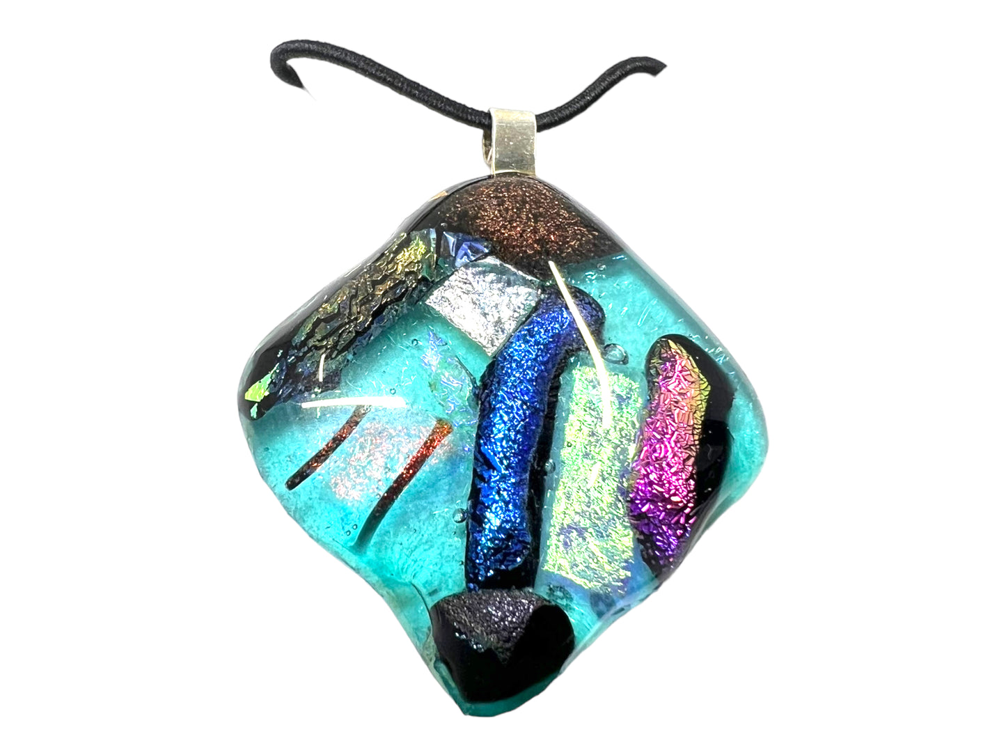 Medium Fused Dichroic Glass Pendant Teal Aqua Blue Multicolor MP-114