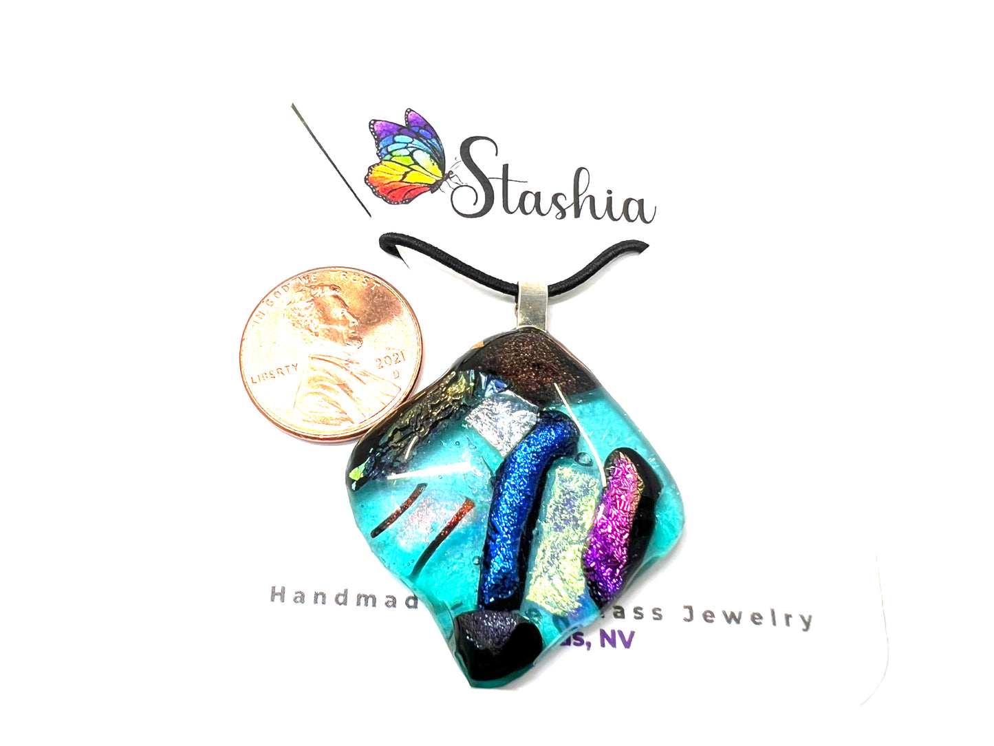 Medium Fused Dichroic Glass Pendant Teal Aqua Blue Multicolor MP-114