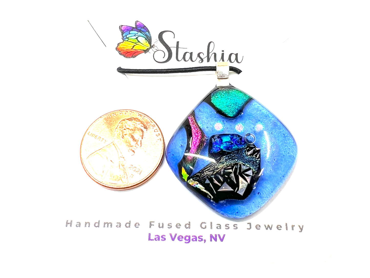 Medium Fused Dichroic Glass Pendant Blue Green Pink Multicolor MP-116