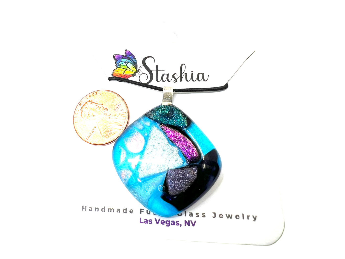 Medium Fused Dichroic Glass Pendant Aqua Silver Pink Multicolor MP-118