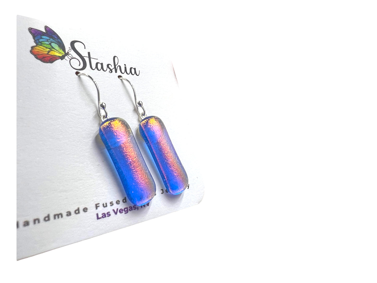 Small Dangle Dichroic Glass Earrings Purple Orange Pink Blue E-102D
