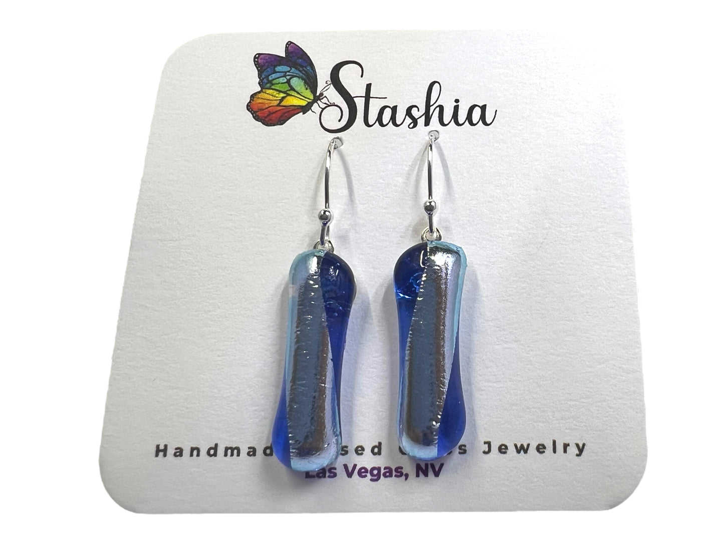 Small Dangle Dichroic Glass Earrings Blue With Silver Stripe E-104D