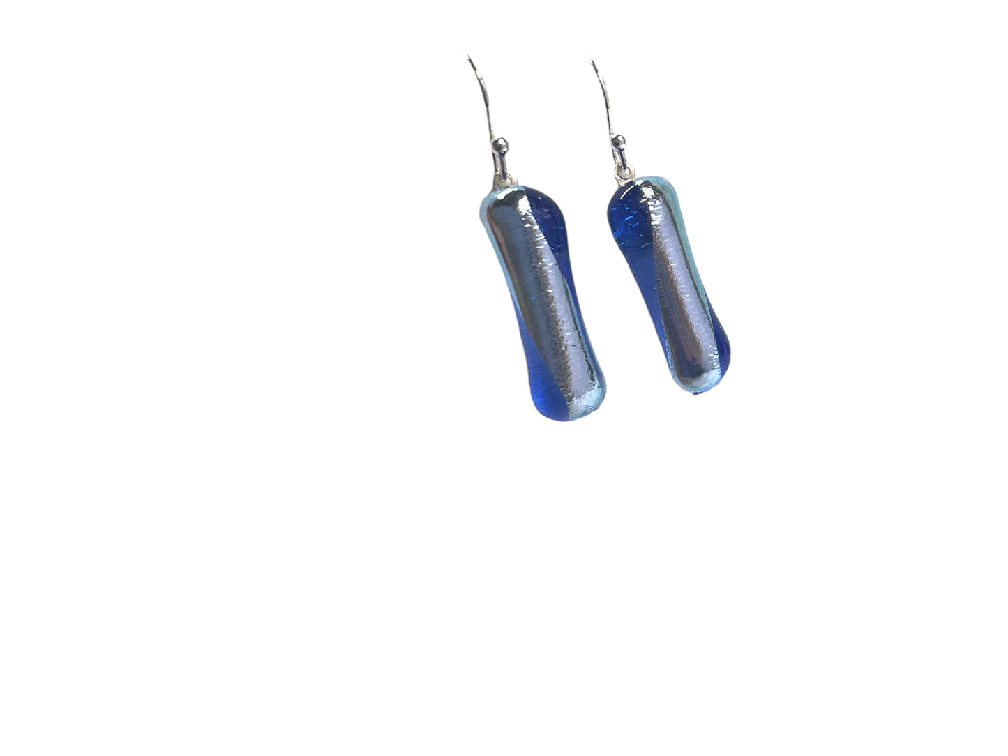 Small Dangle Dichroic Glass Earrings Blue With Silver Stripe E-104D