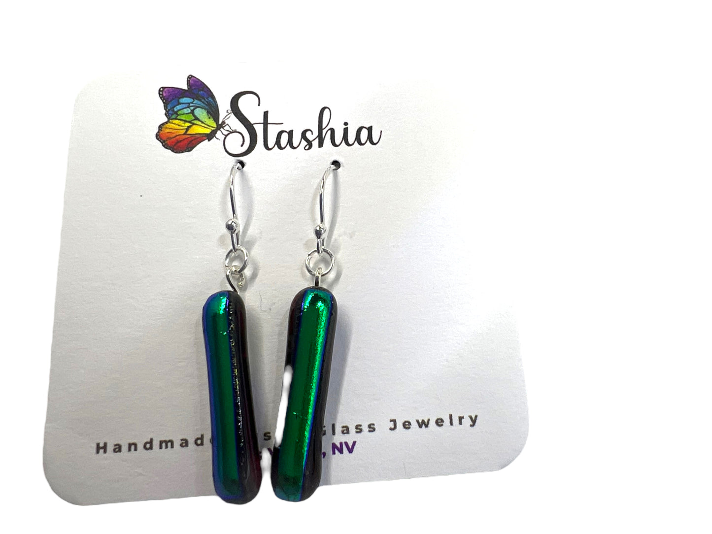 Dichroic Glass Dangle Earrings Red and Green E-108D