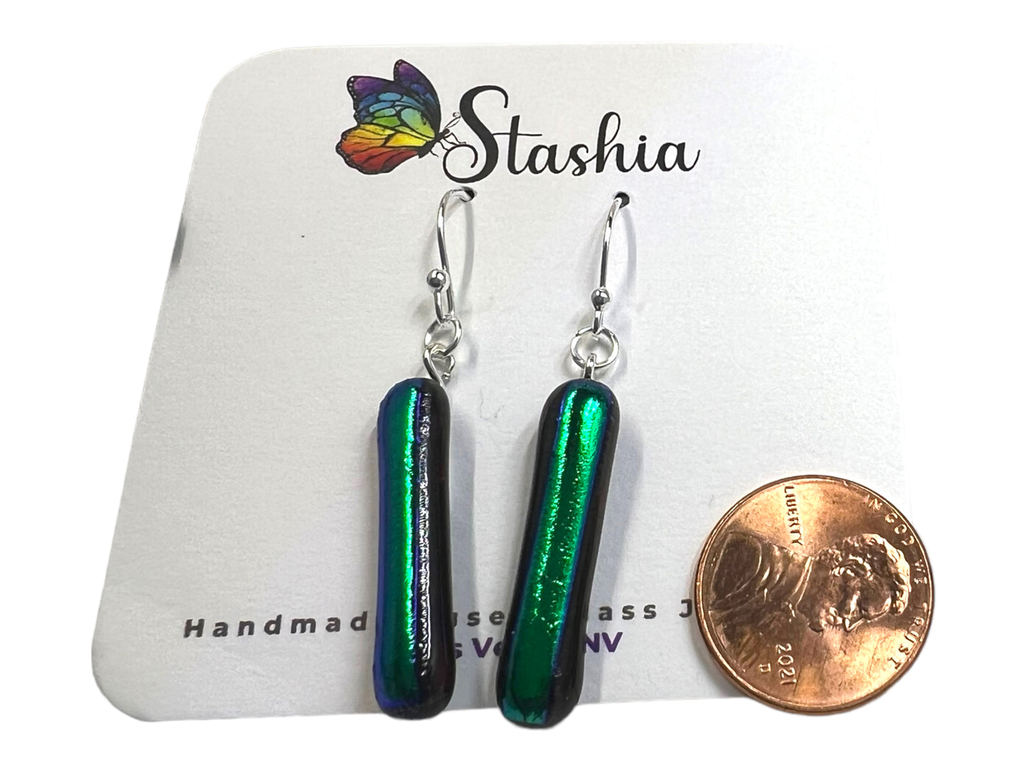 Dichroic Glass Dangle Earrings Red and Green E-108D