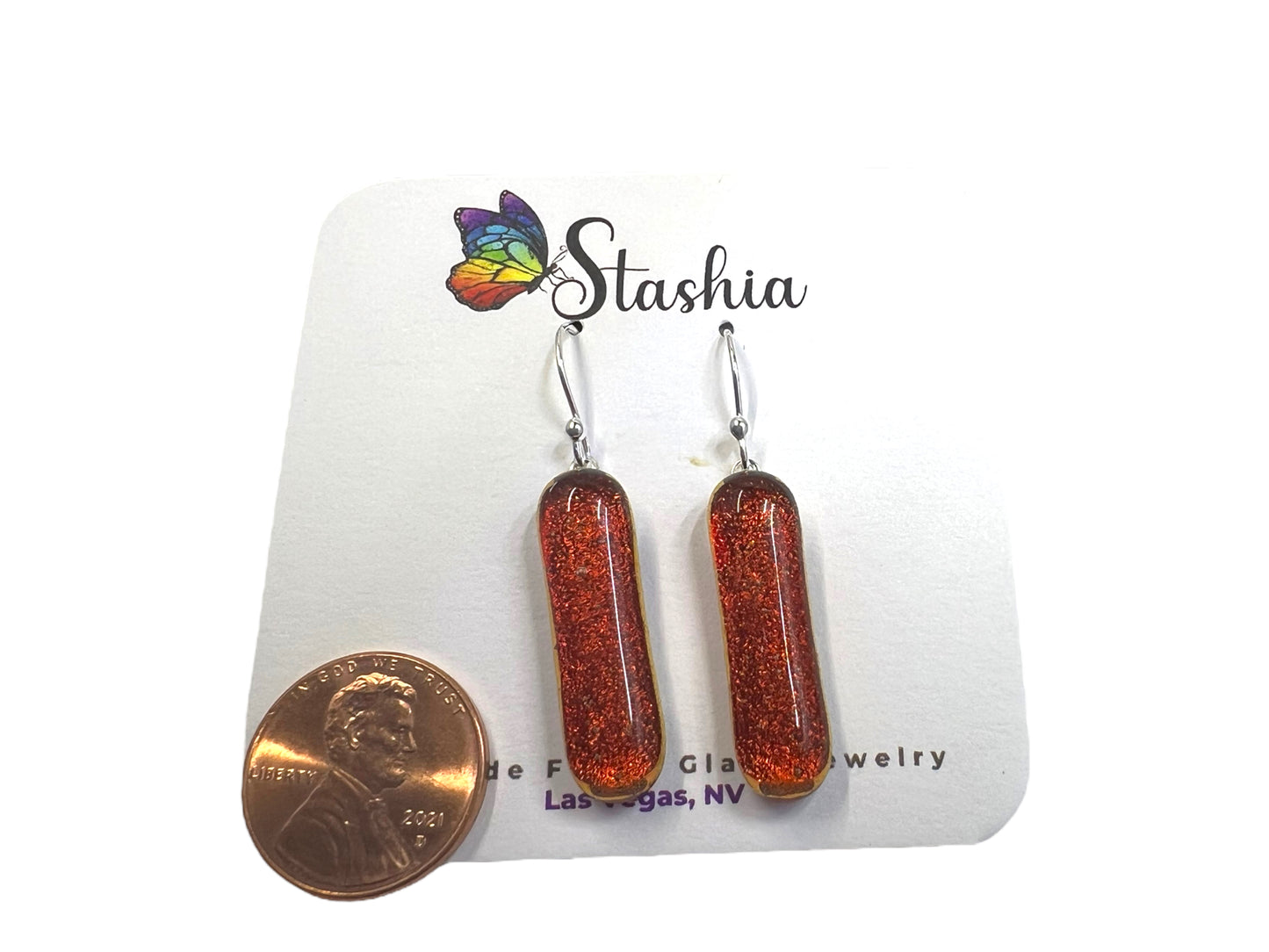 Dichroic Glass Dangle Earrings Orange/Red E-109D