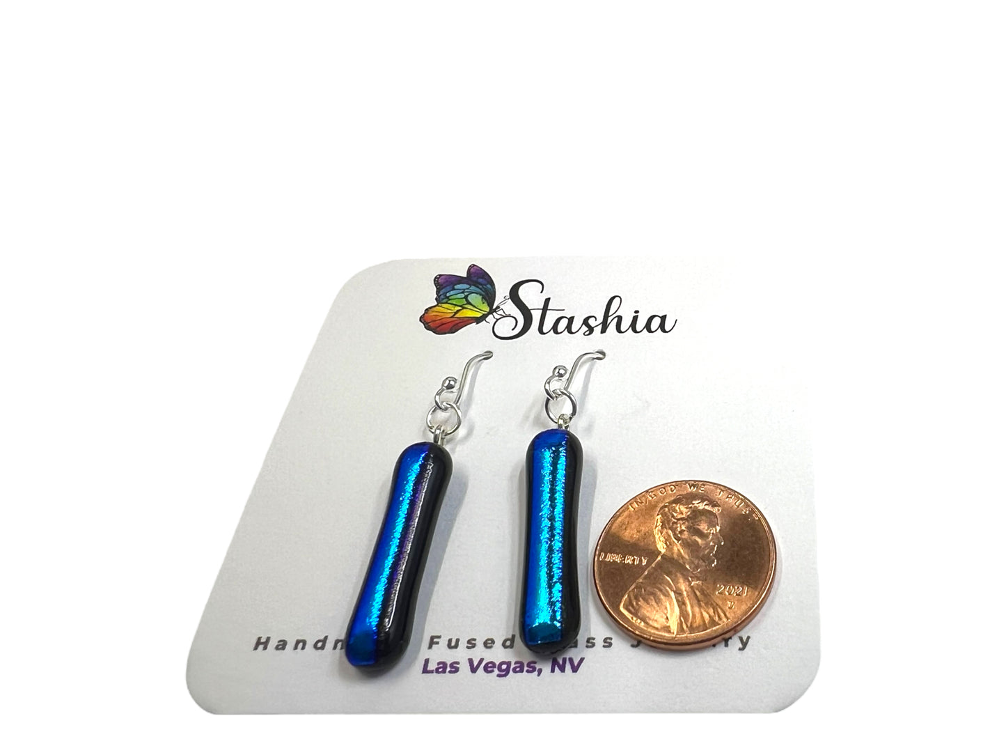 Dichroic Glass Dangle Earrings Blue Black-110D
