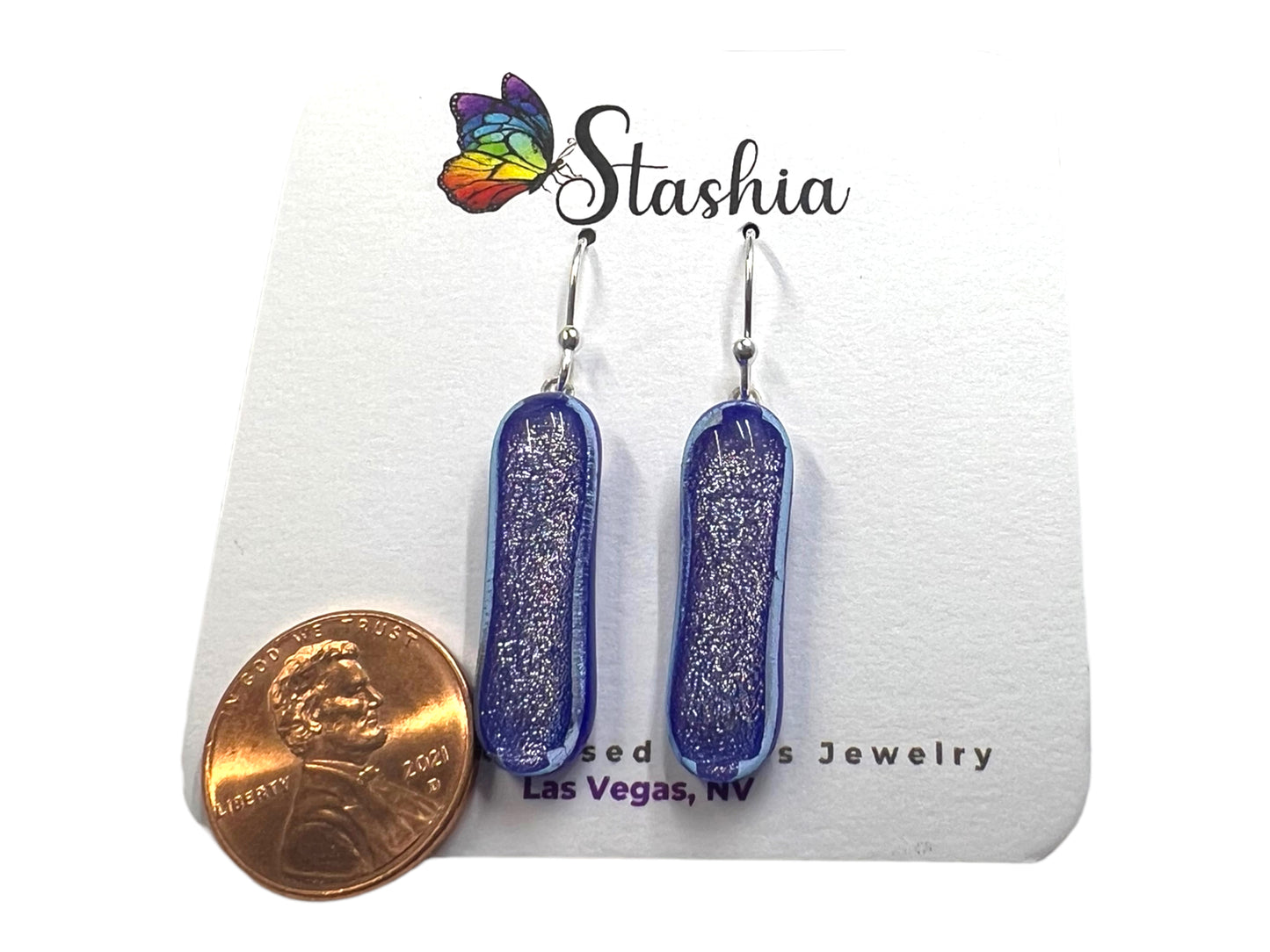 Dichroic Glass Dangle Earrings Blue Silver/Purple E-111D