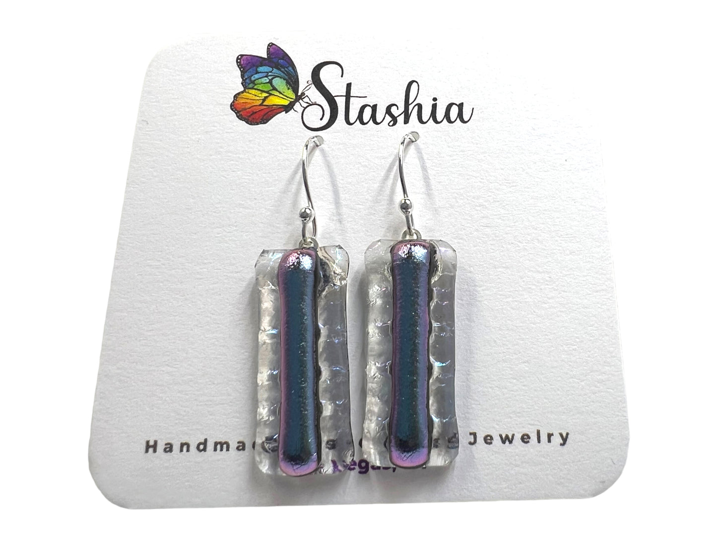 Dichroic Glass Dangle Earrings Blue Silver/Purple Rainbow E-112D