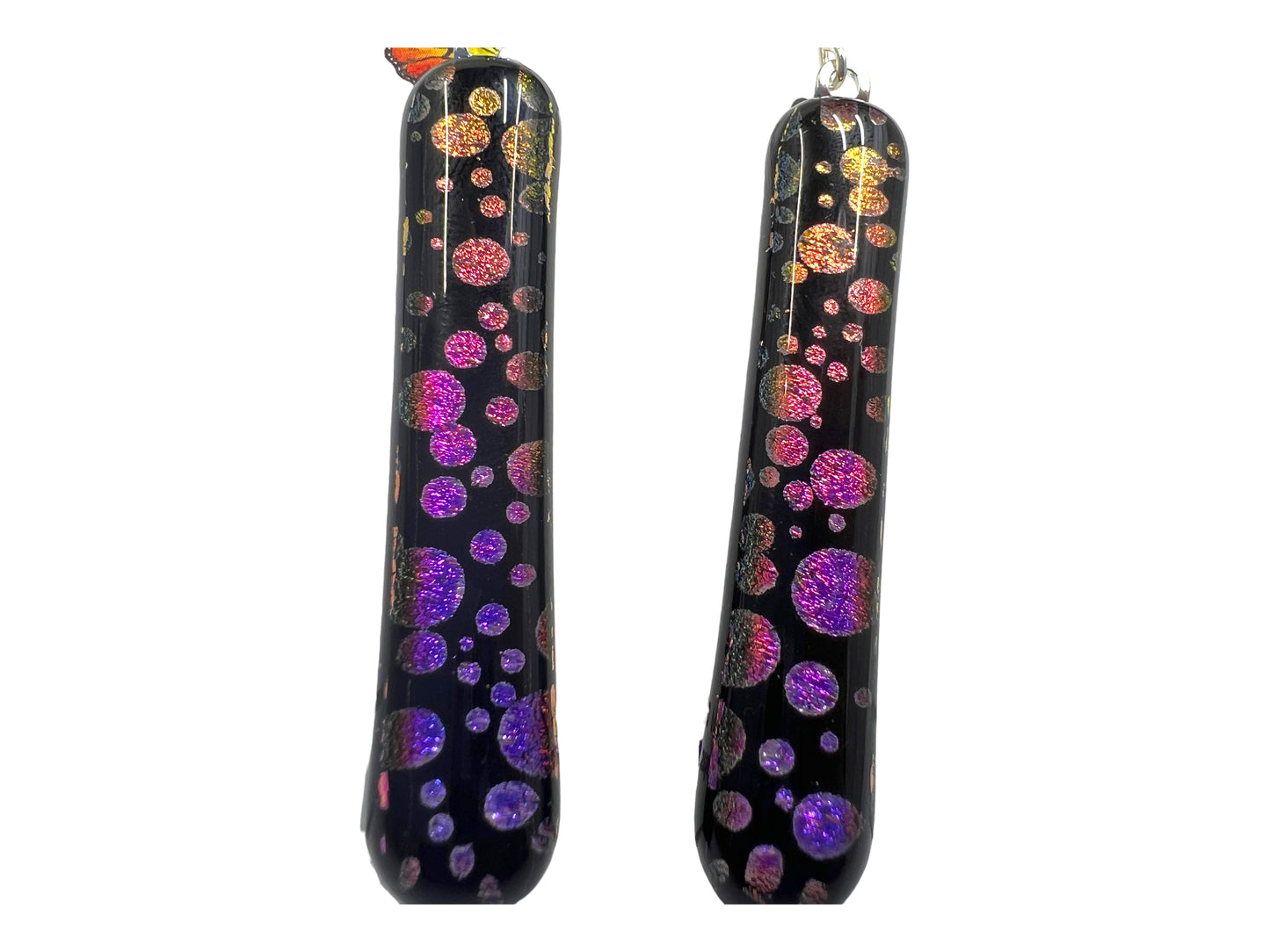 Large Dichroic Glass Dangle Earrings Pink, Orange Gold Bubbles E-113D