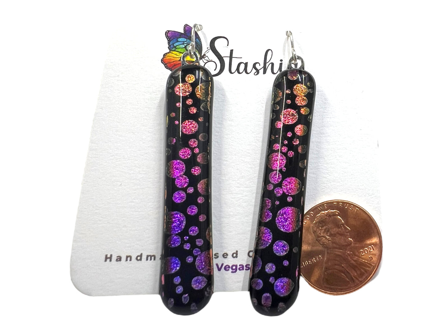 Large Dichroic Glass Dangle Earrings Pink, Orange Gold Bubbles E-113D