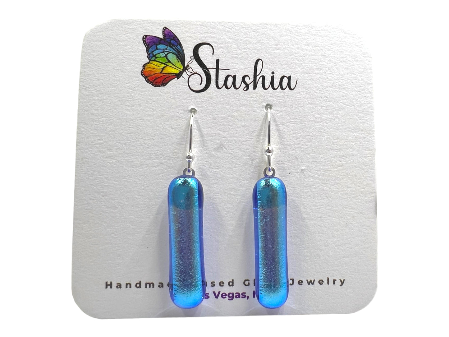 Dichroic Glass Dangle Earrings Blue Clear Sparkle E-115D