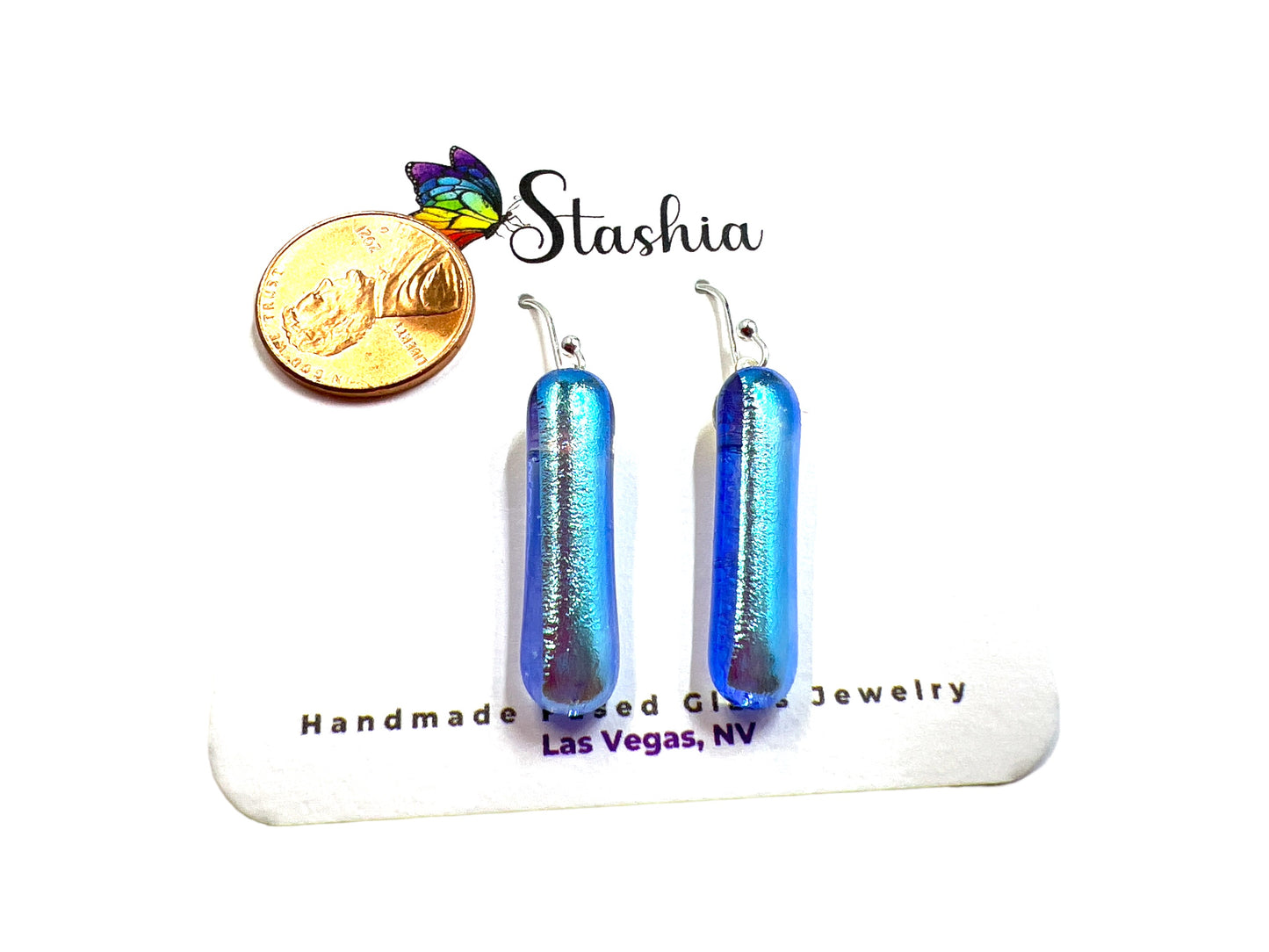 Dichroic Glass Dangle Earrings Blue Clear Sparkle E-115D
