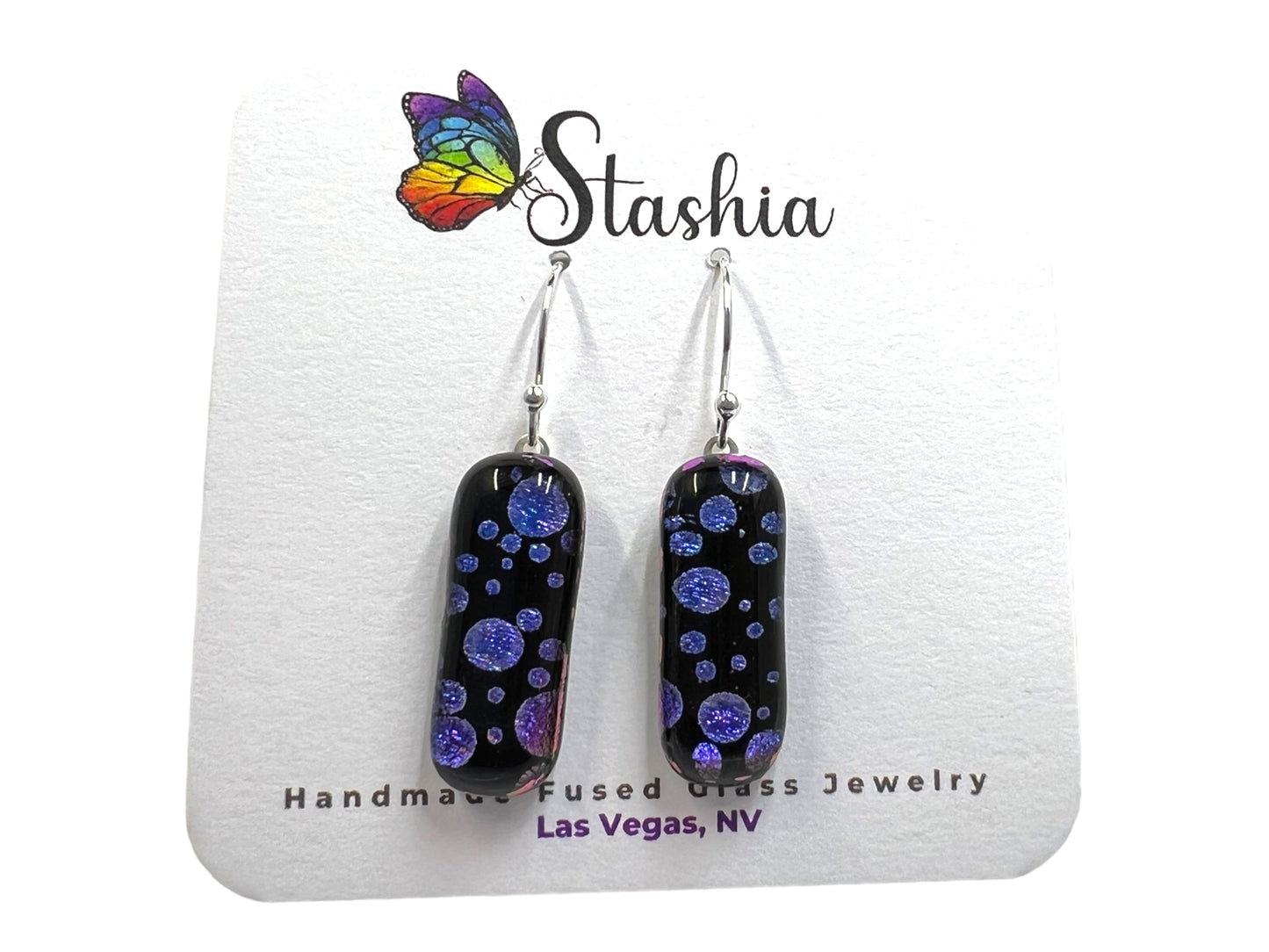Dichroic Glass Dangle Earrings Black Purple Pink Bubbles E-116D