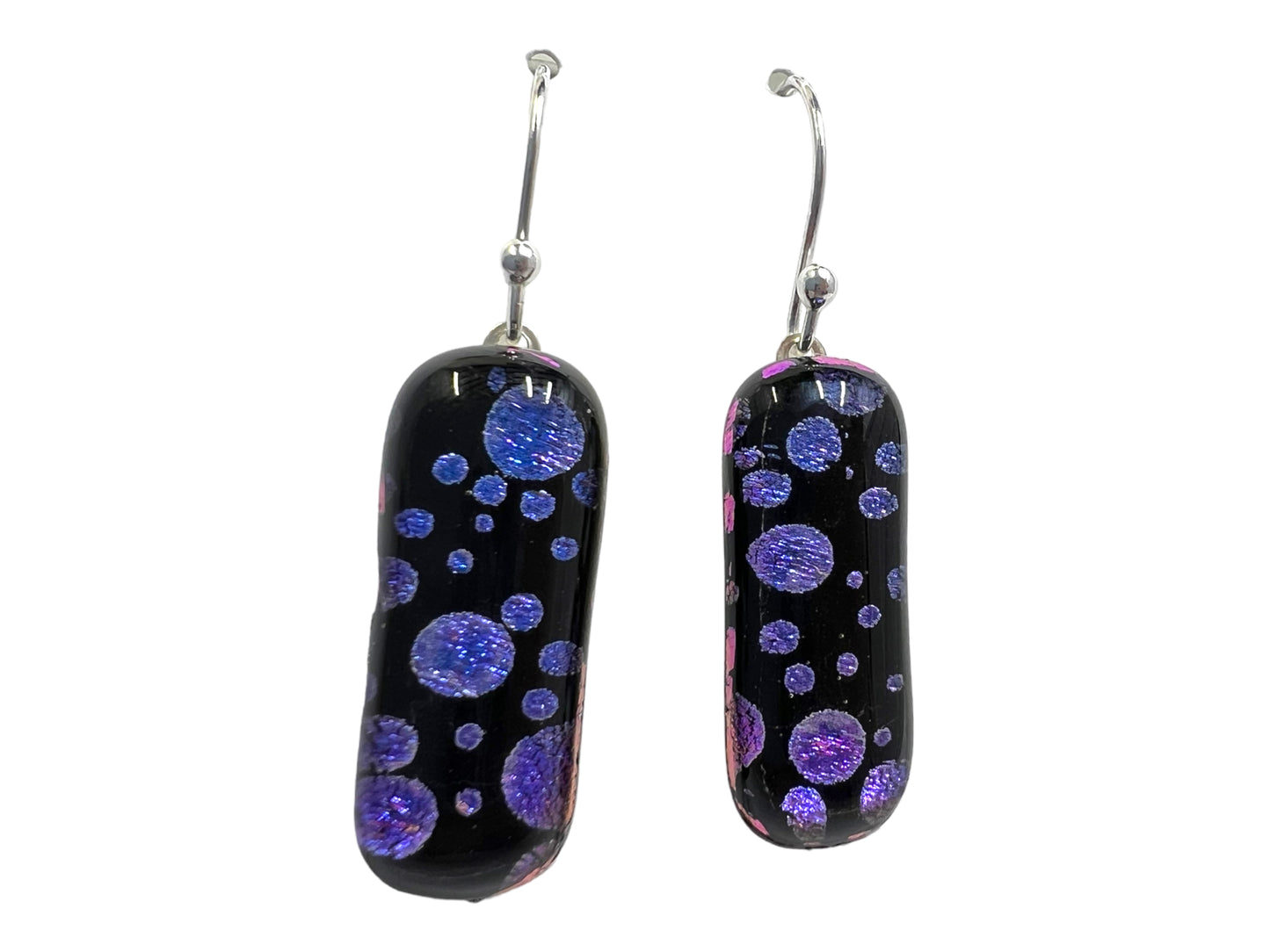 Dichroic Glass Dangle Earrings Black Purple Pink Bubbles E-116D