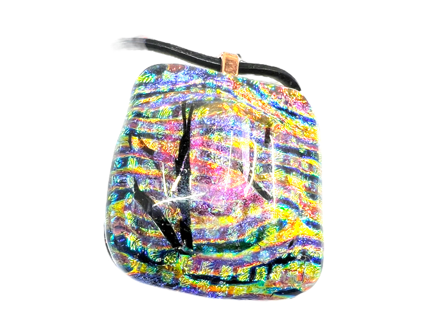 Large Fused Dichroic Glass Pendant Gold Pink Black Stripe LP-111