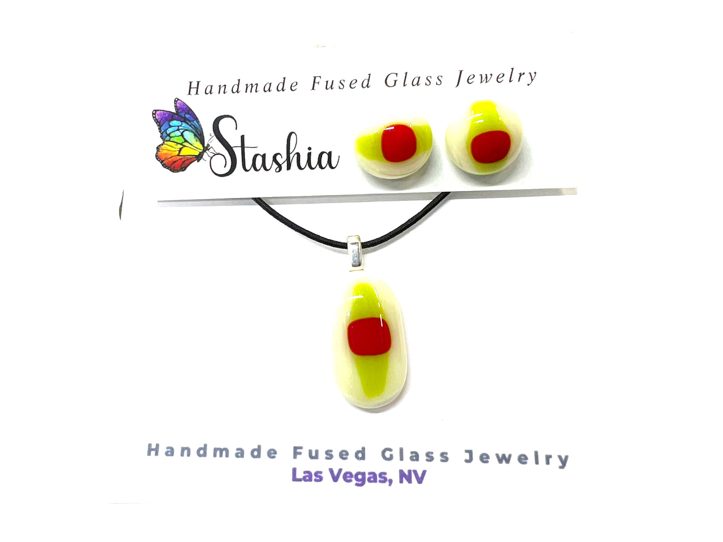 Red and Green Fused Glass Earrings and Pendant Set-SET-100