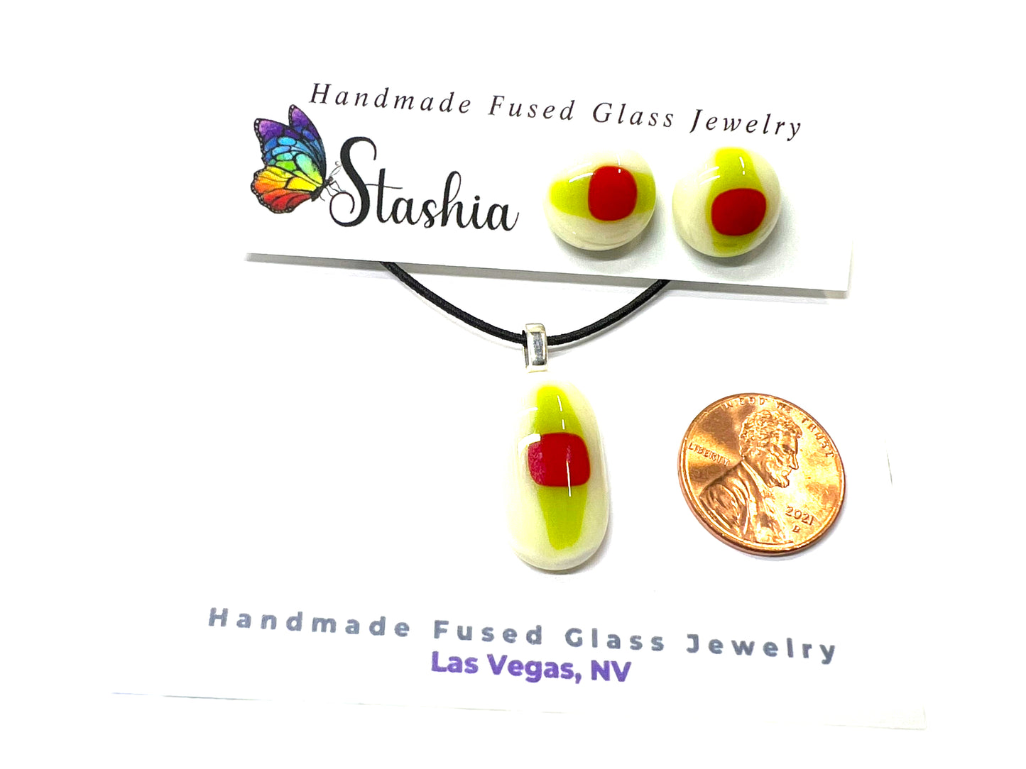 Red and Green Fused Glass Earrings and Pendant Set-SET-100