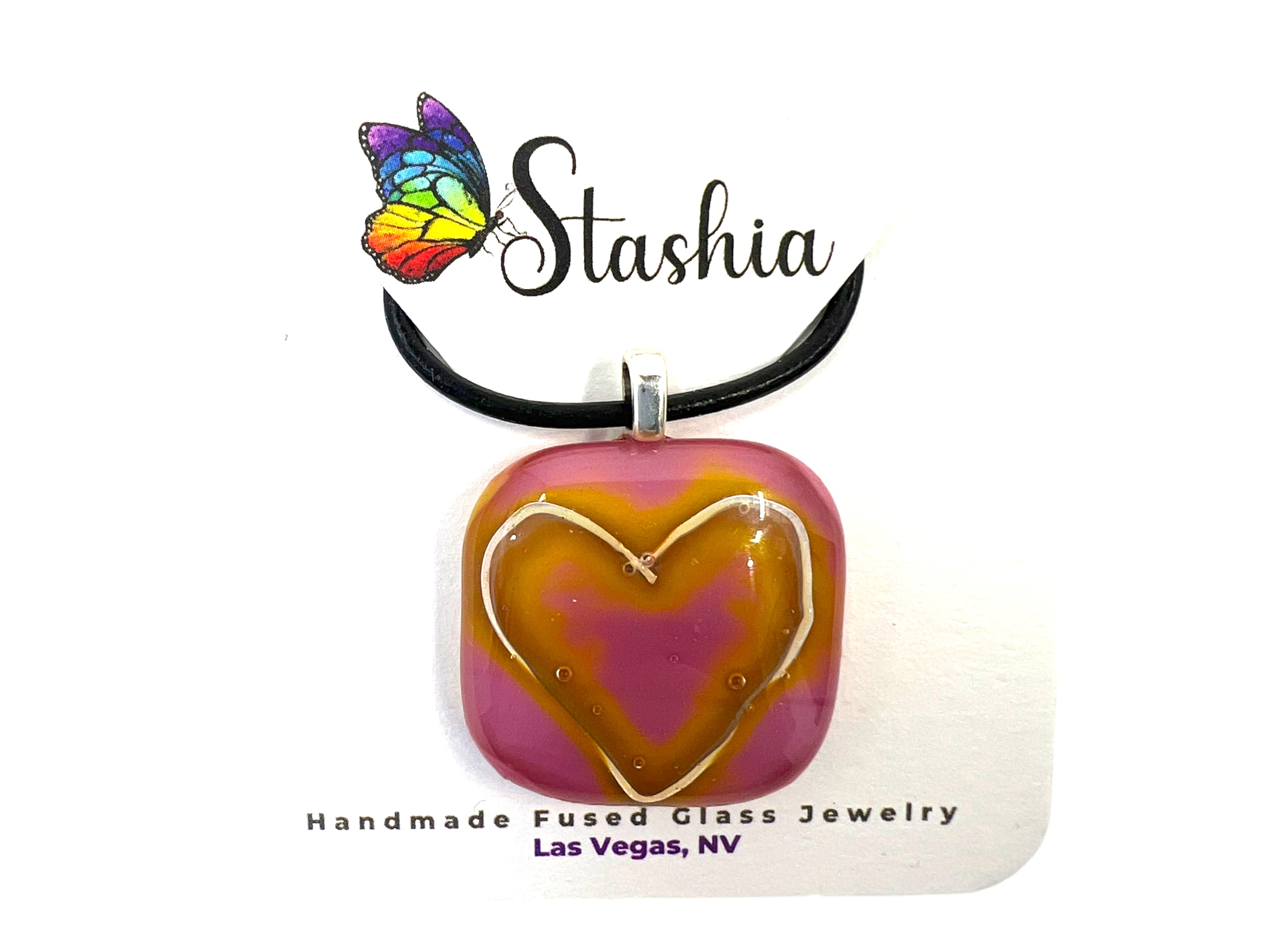 Medium Fused Glass Pendant Pink and Golden Heart MP-108 – Stashia