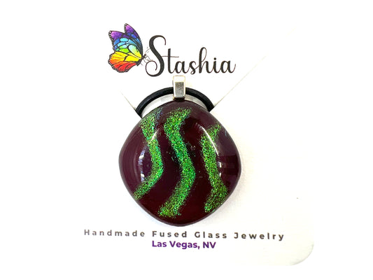 Medium Fused Glass Pendant Deep Red With Green Stripes MP-109