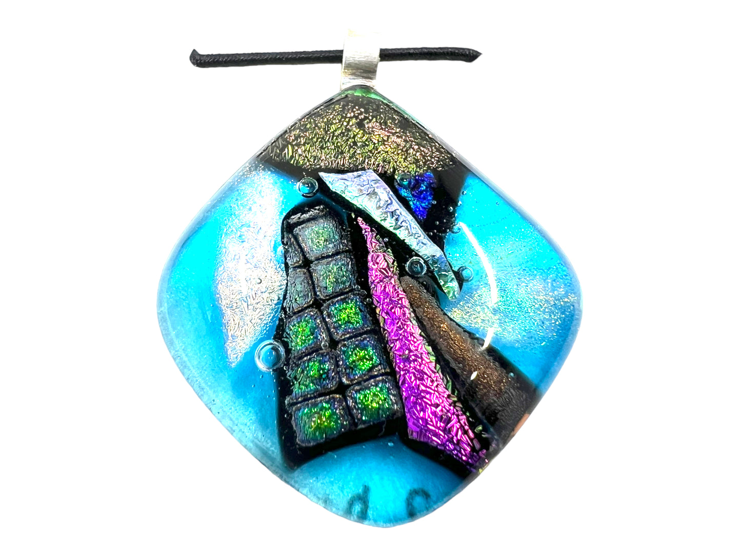 Medium Fused Dichroic Glass Pendant Aqua Green Pink Silver Multicolor MP-119