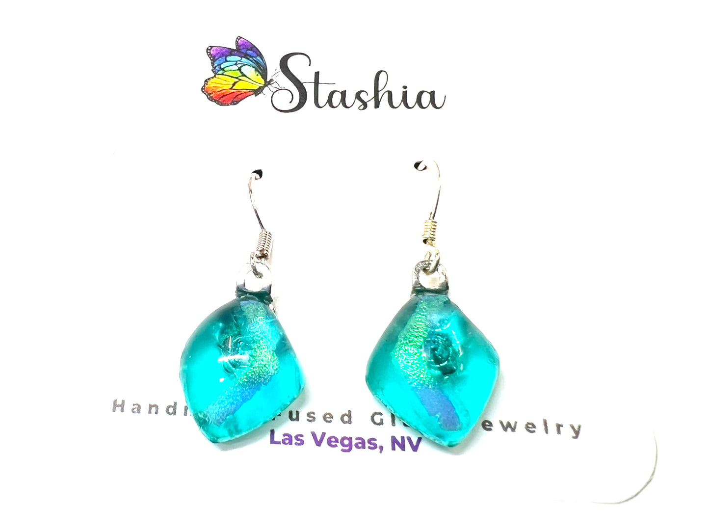 Small Dangle Dichroic Glass Earrings Aqua Blue Ice E-100