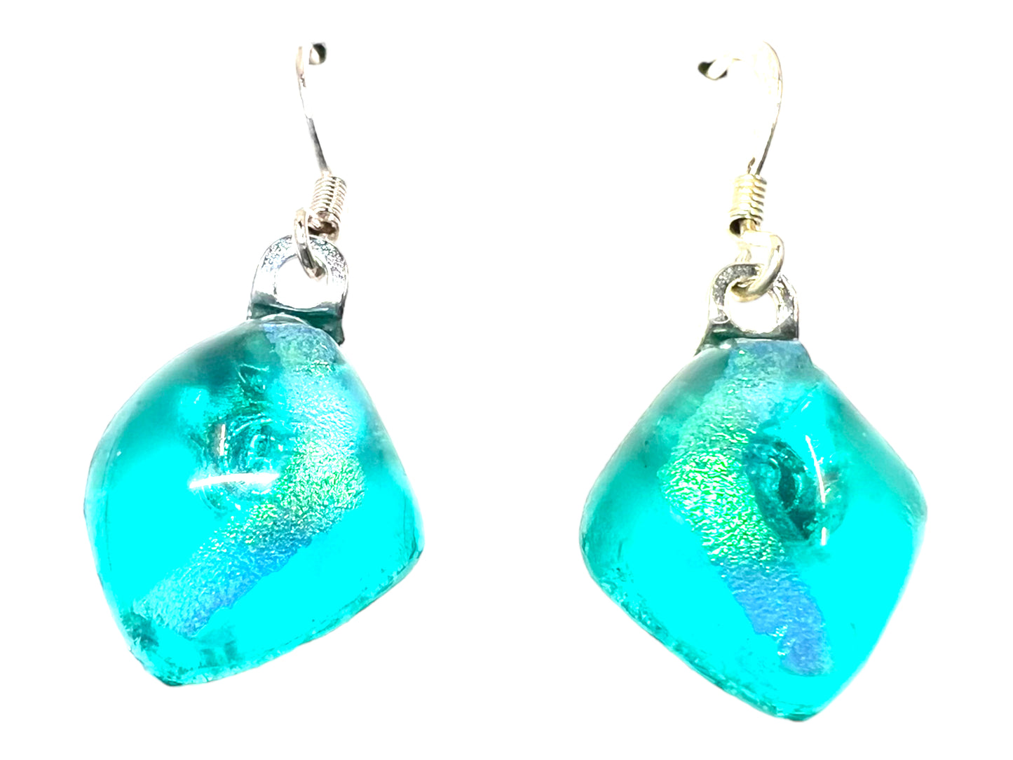 Small Dangle Dichroic Glass Earrings Aqua Blue Ice E-100