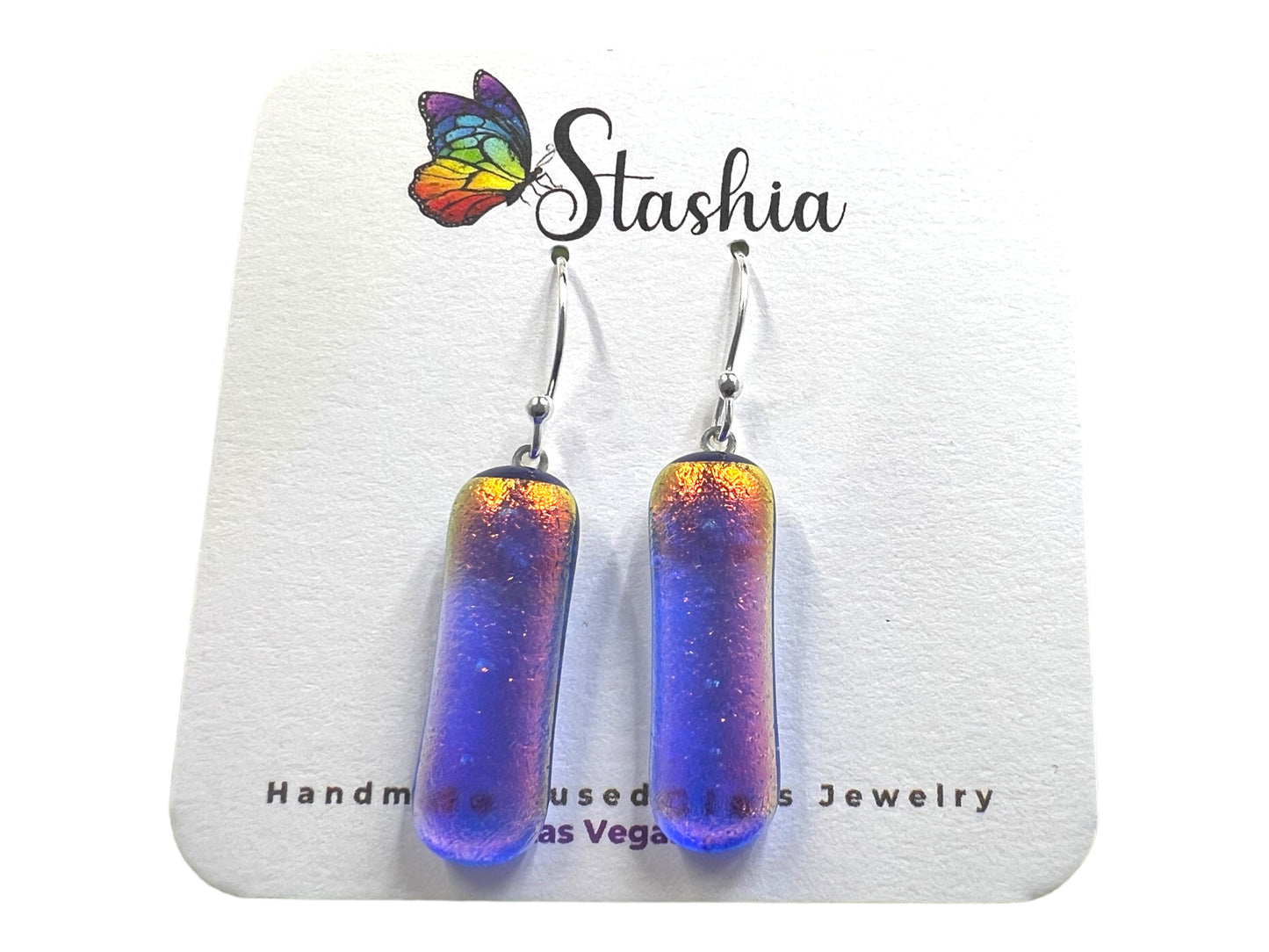 Small Dangle Dichroic Glass Earrings Purple Orange Pink Blue E-102D