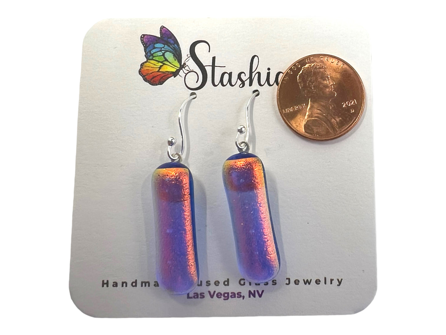 Small Dangle Dichroic Glass Earrings Purple Orange Pink Blue E-102D