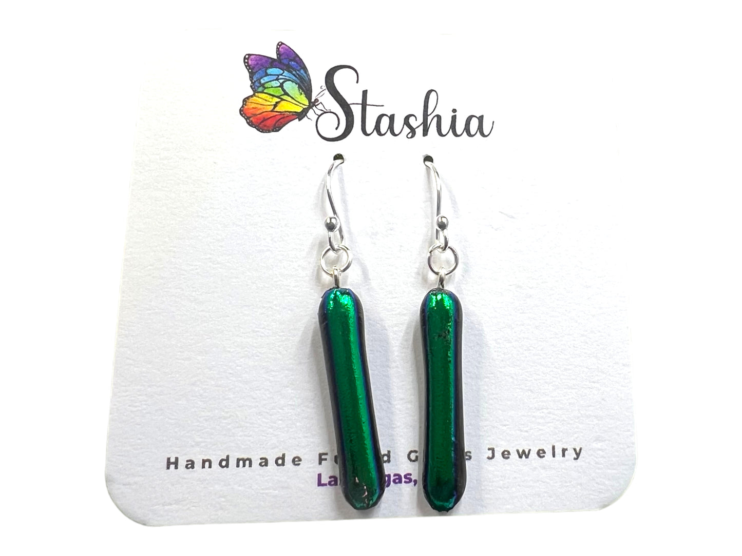 Small Dangle Dichroic Glass Stick Earrings Green/Black E-103D