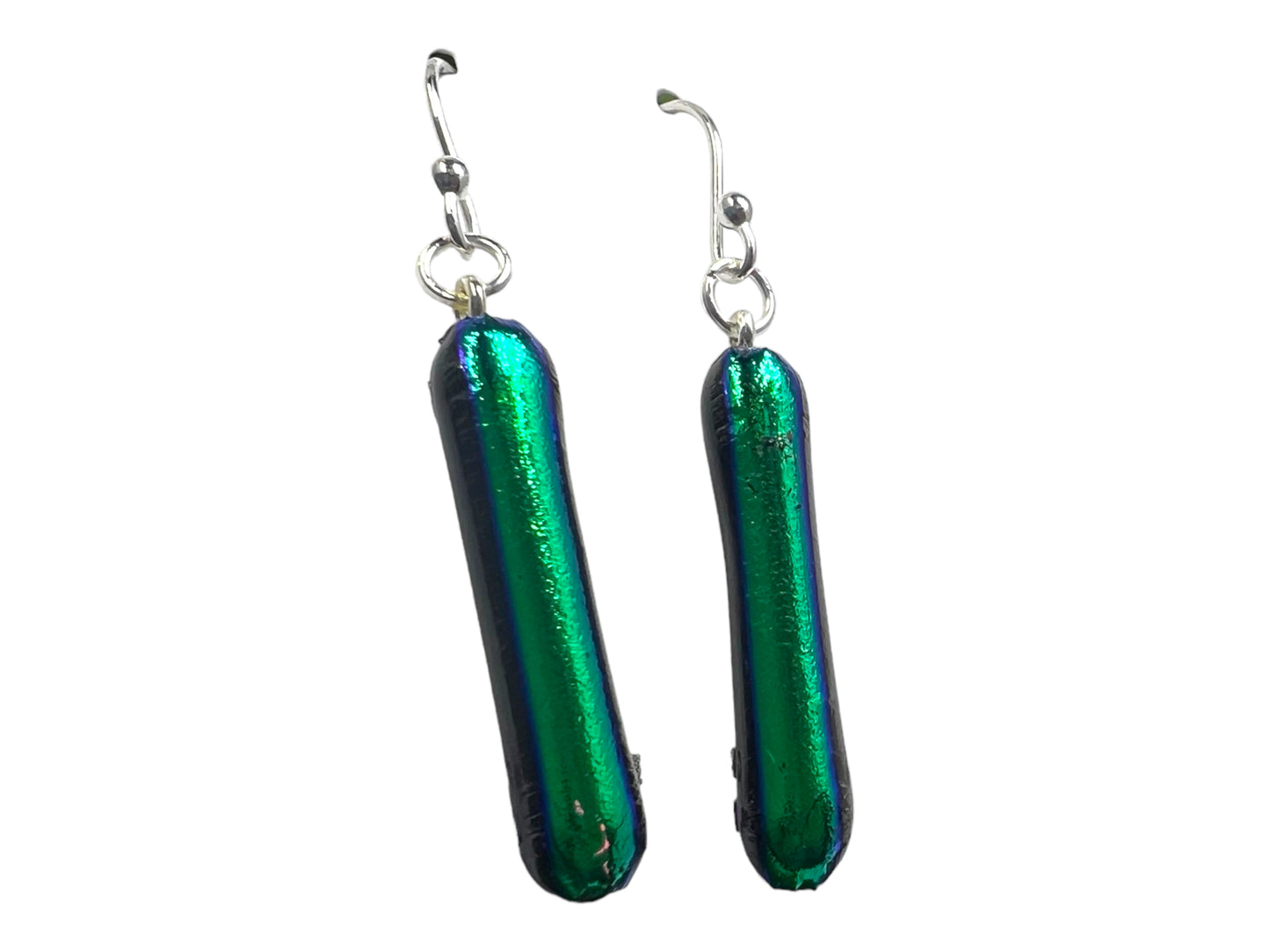 Small Dangle Dichroic Glass Stick Earrings Green/Black E-103D