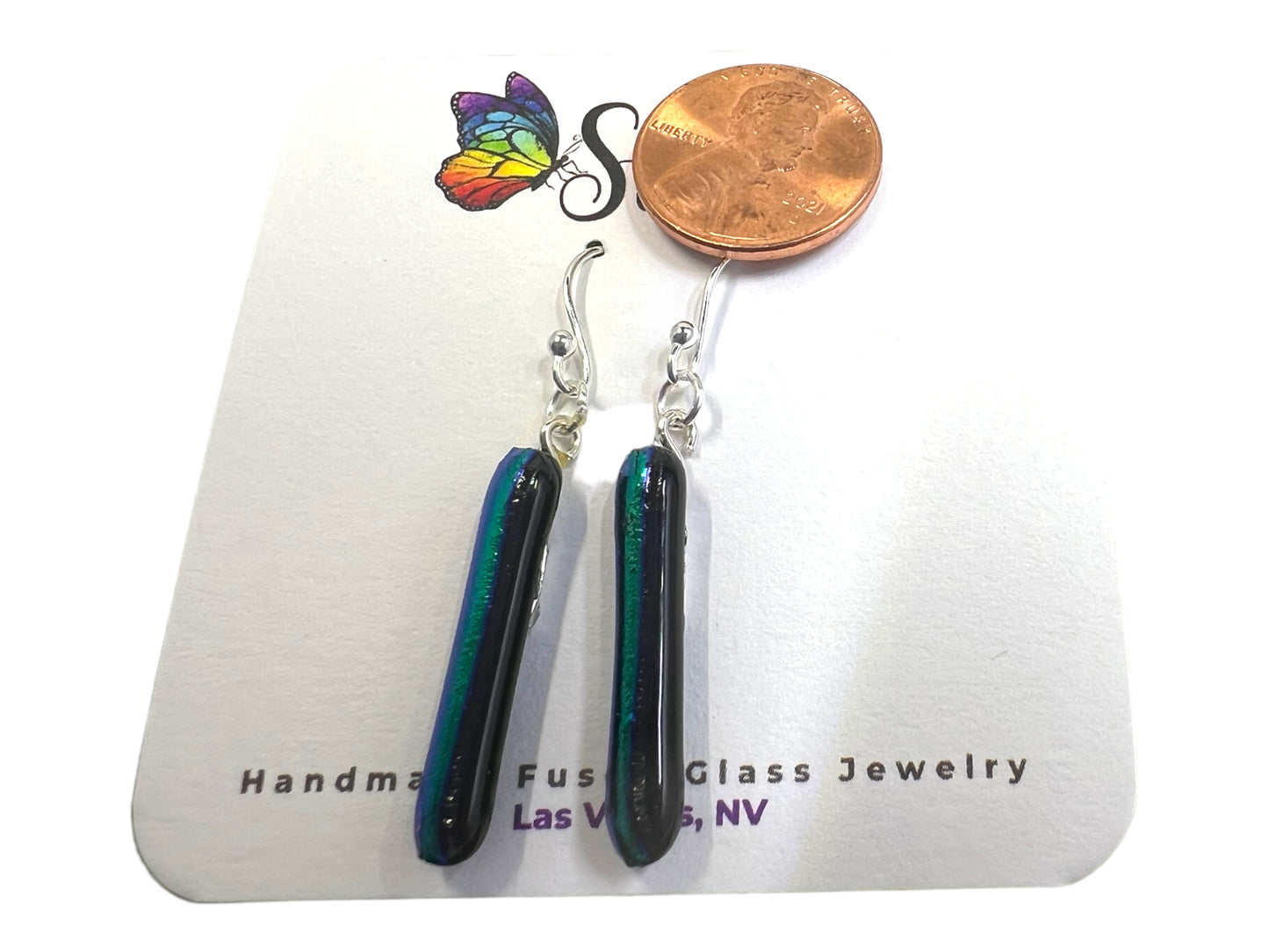 Small Dangle Dichroic Glass Stick Earrings Green/Black E-103D