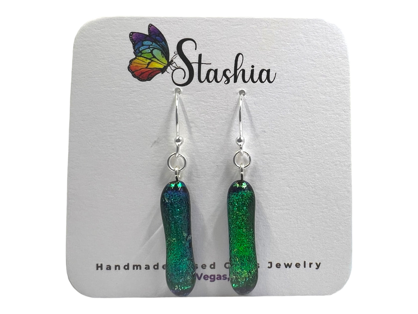 Dichroic Glass Earrings Green Sparkle E-105D