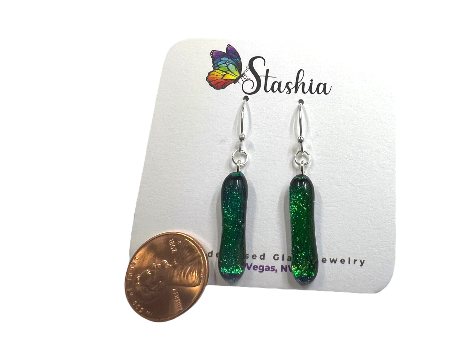 Dichroic Glass Earrings Green Sparkle E-105D