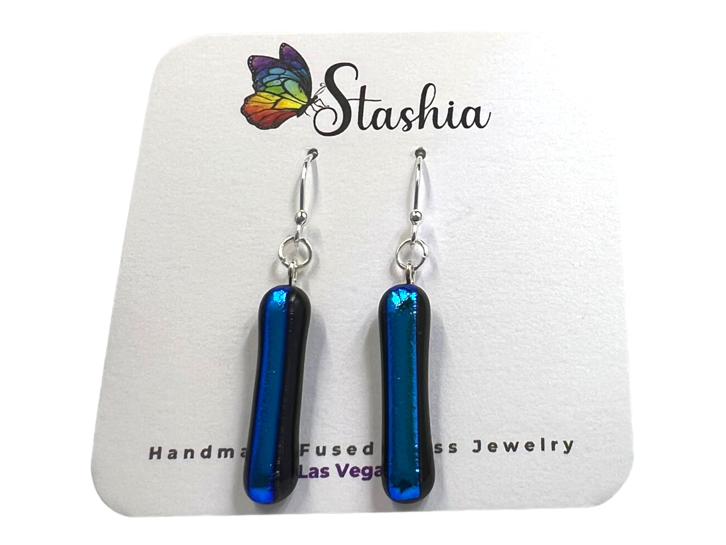 Dichroic Glass Dangle Earrings Blue Black-110D