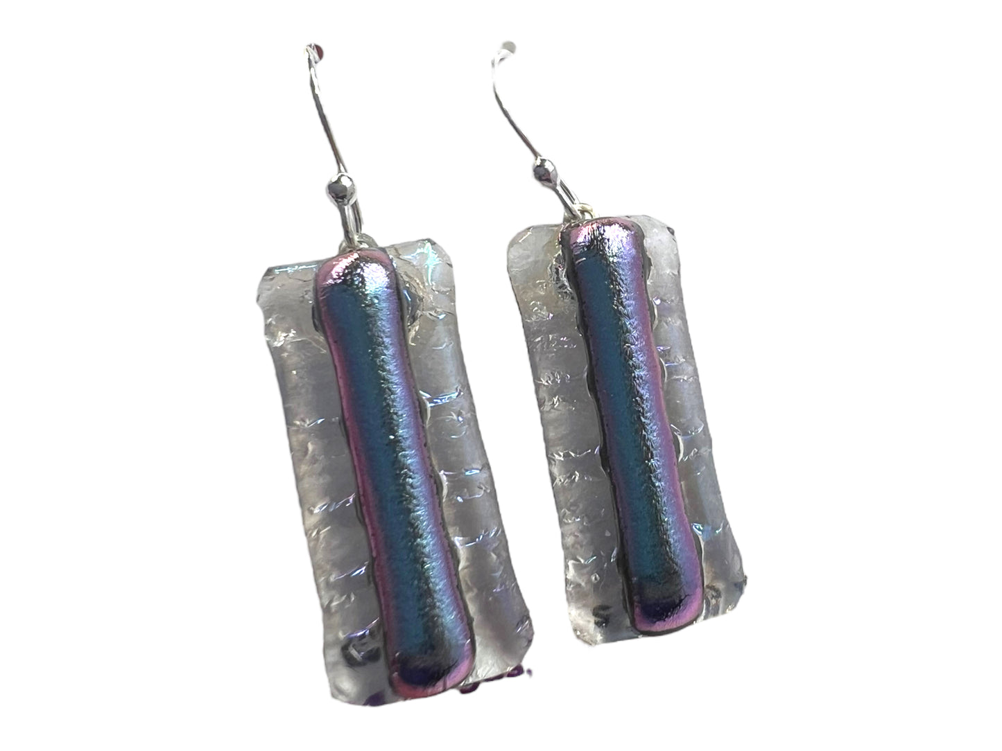 Dichroic Glass Dangle Earrings Blue Silver/Purple Rainbow E-112D