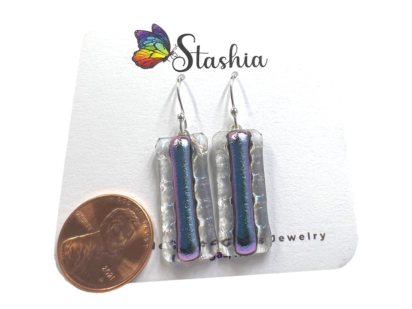 Dichroic Glass Dangle Earrings Blue Silver/Purple Rainbow E-112D