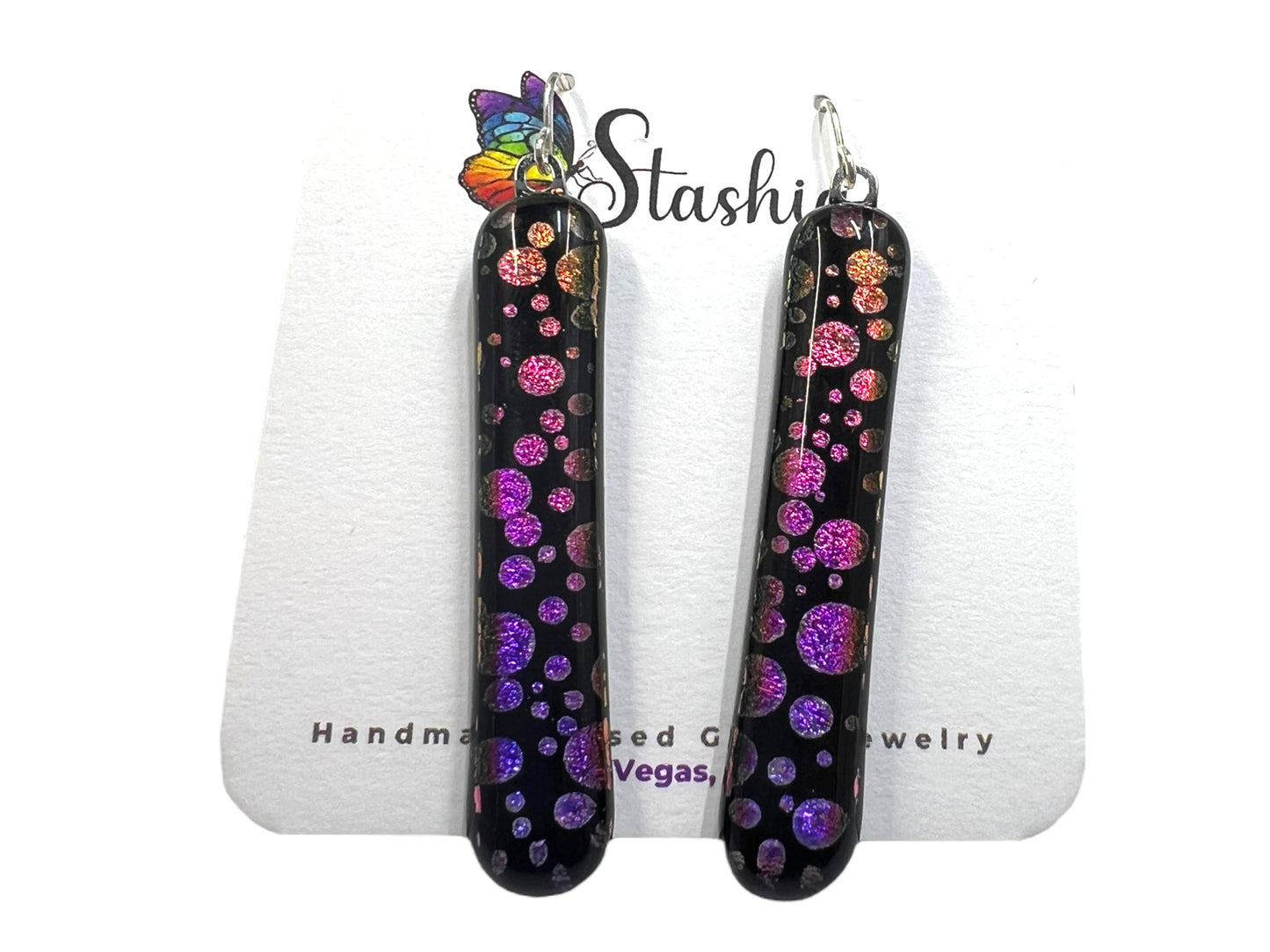 Large Dichroic Glass Dangle Earrings Pink, Orange Gold Bubbles E-113D