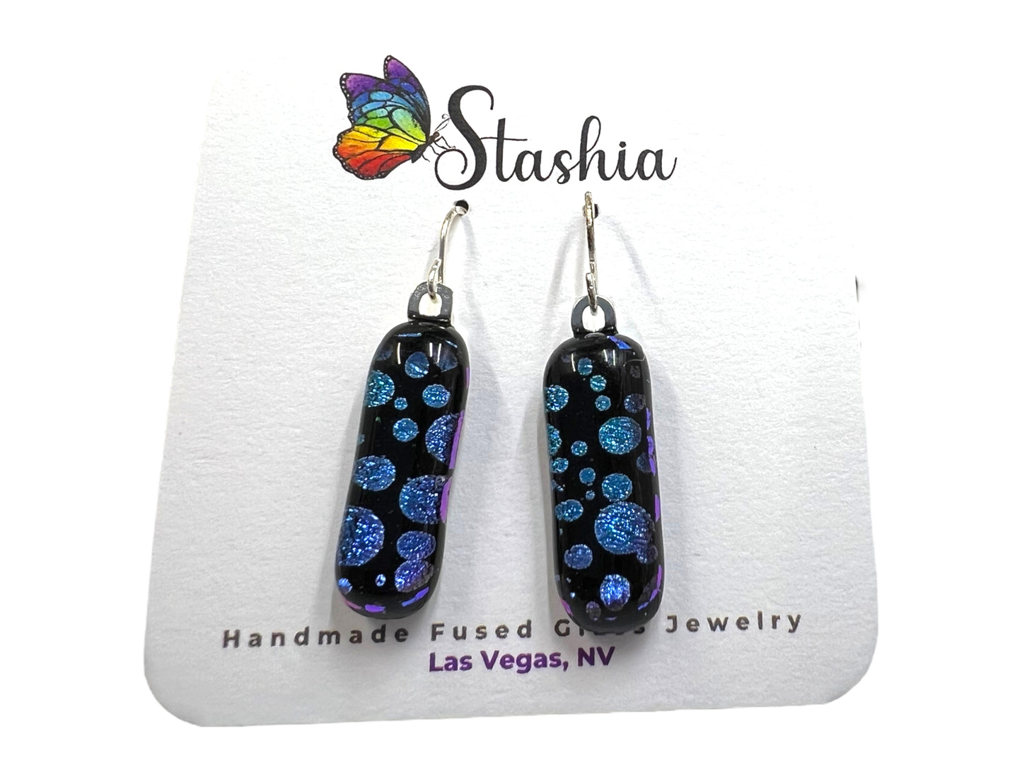 Dichroic Glass Dangle Earrings Blue Purple Bubbles E-114D