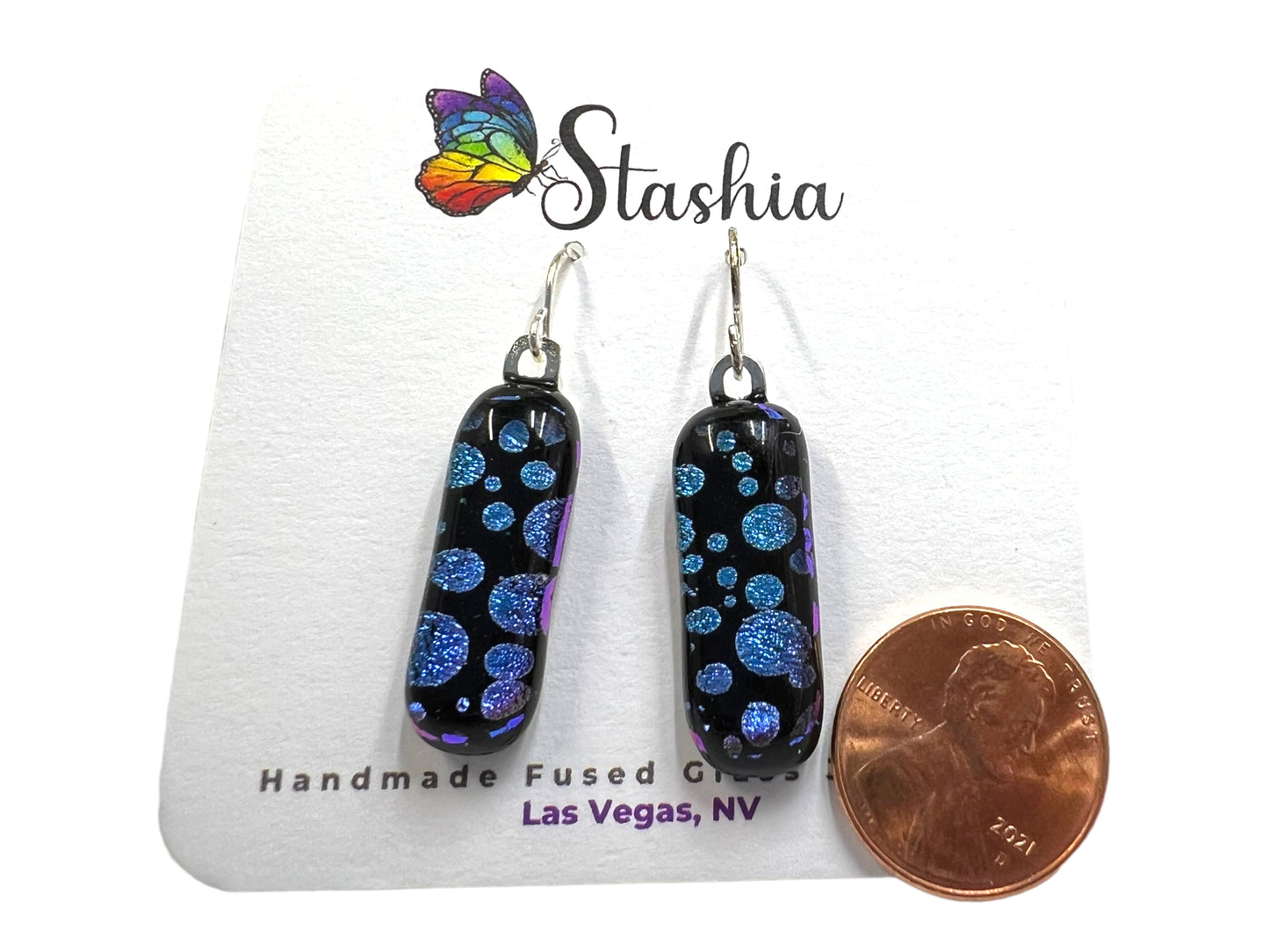 Dichroic Glass Dangle Earrings Blue Purple Bubbles E-114D