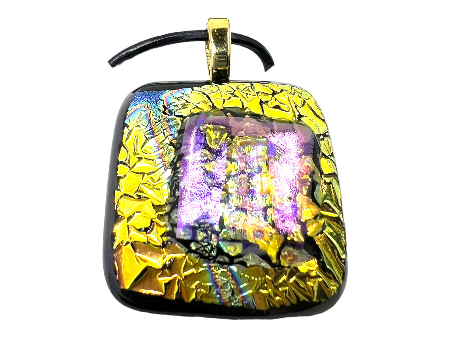 Large Fused Dichroic Glass Pendant Gold Pink Rainbow Crackle LP-110